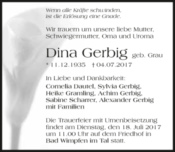 Traueranzeige von Dina Gerbig 