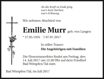 Traueranzeige von Emilie Murr 