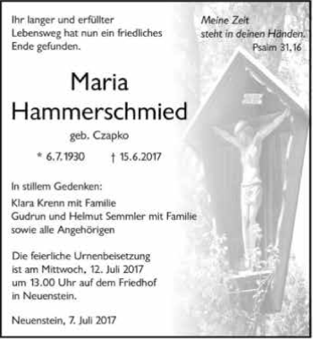 Traueranzeige von Marie Hammerschmied 