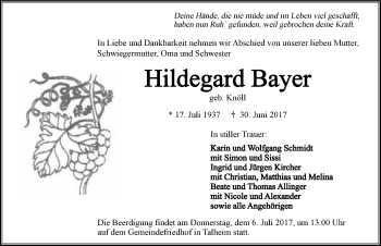 Traueranzeige von Hildegard Bayer 