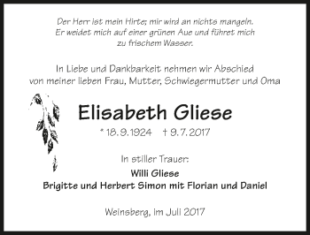 Traueranzeige von Elisabeth Gliese 