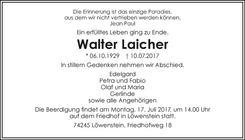  Traueranzeige für Walter Laicher vom 13.07.2017 aus 