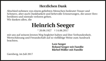 Traueranzeige von Heinrich Seeger 