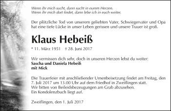 Traueranzeige von Klaus Hebeiß 