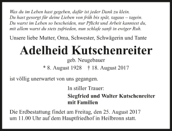 Traueranzeige von Adelheid Kutschenreiter 