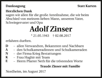 Traueranzeige von Adolf Zinser 