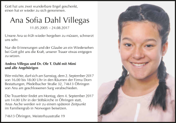 Traueranzeige von AnaSofia Dahl Villegas 