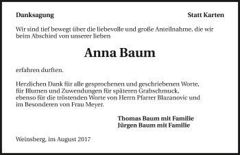 Traueranzeige von Anna Baum 