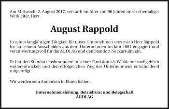 Traueranzeige von August Rappold 