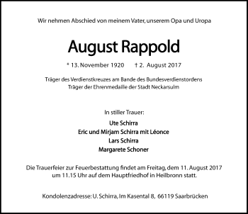 Traueranzeige von August Rappold 