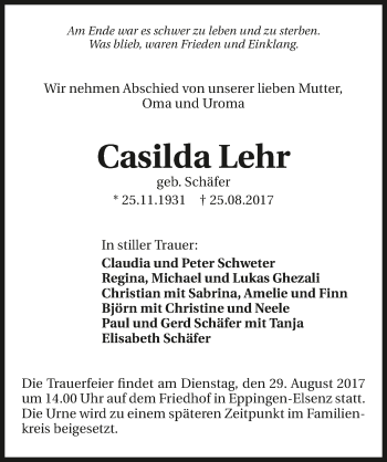 Traueranzeige von Casilda Lehr 