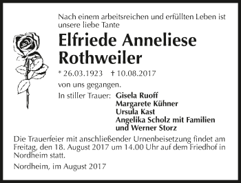 Traueranzeige von Elfriede Anneliese Rothweiler 