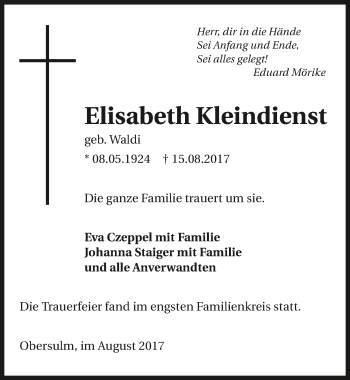 Traueranzeige von Elisabeth Kleindienst 