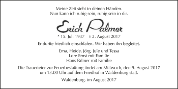 Traueranzeige von Erich Palmer 