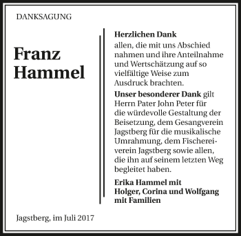 Traueranzeige von Franz Hammel 