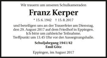 Traueranzeige von Franz Kerper 