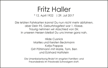 Traueranzeige von Fritz Haller 