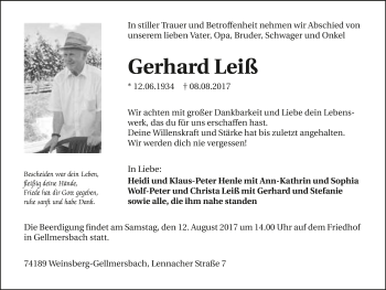 Traueranzeige von Gerhard Leiß 