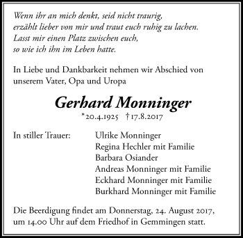 Traueranzeige von Gerhard Monninger 