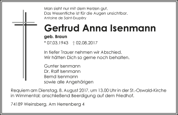 Traueranzeige von Gertrud Anna Isenmann 