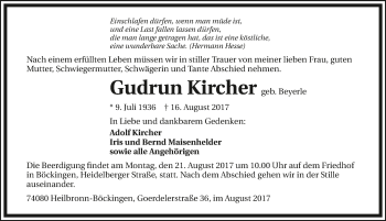 Traueranzeige von Gudrun Kircher 