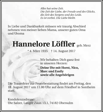 Traueranzeige von Hannelore Löffler 