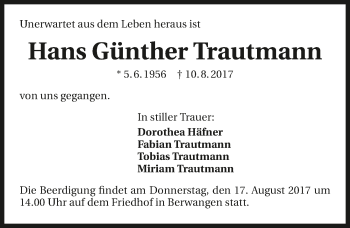 Traueranzeige von Hans Günther Trautmann 