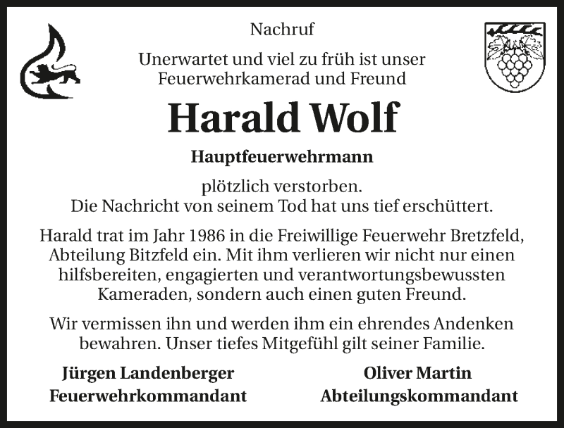  Traueranzeige für Harald Wolf vom 01.09.2017 aus 
