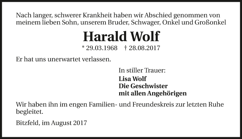  Traueranzeige für Harald Wolf vom 31.08.2017 aus 
