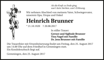 Traueranzeige von Heinrich Brunner 