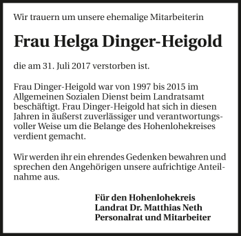 Traueranzeige von Helga Dinger-Heigold 