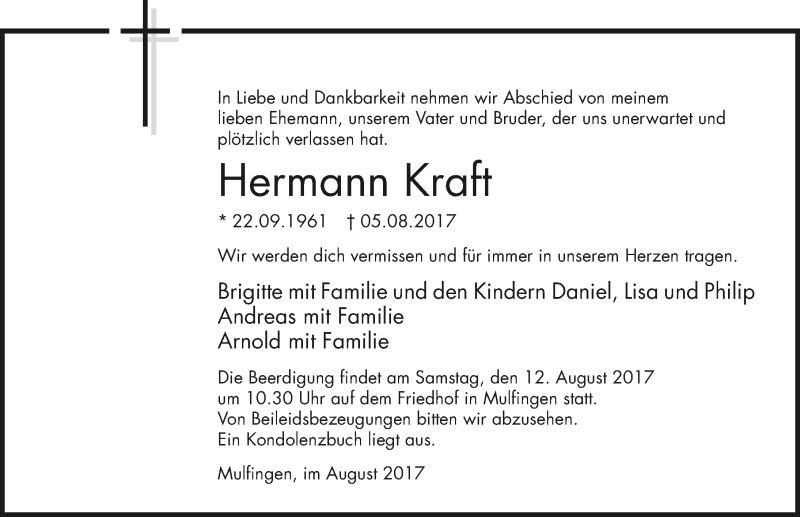  Traueranzeige für Hermann Kraft vom 08.08.2017 aus 