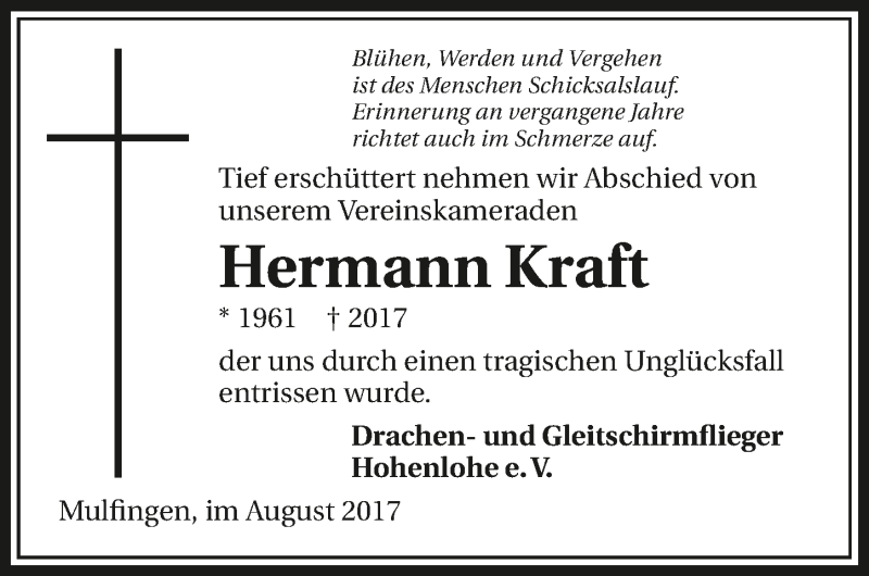  Traueranzeige für Hermann Kraft vom 09.08.2017 aus 