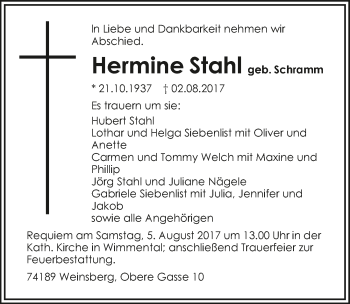 Traueranzeige von Hermine Stahl 