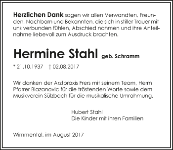 Traueranzeige von Hermine Stahl 