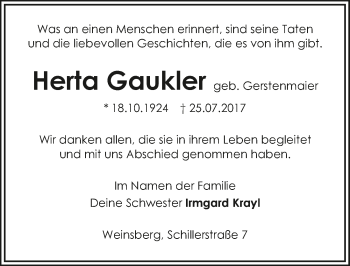 Traueranzeige von Herta Gaukler 