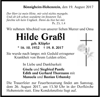 Traueranzeige von Hilde Graßl 