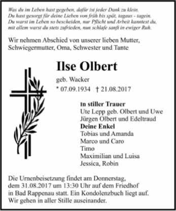 Traueranzeige von Ilse Olbert 