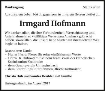 Traueranzeige von Irmgard Hofmann 