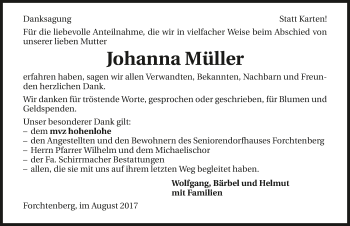 Traueranzeige von Johanna Müller 