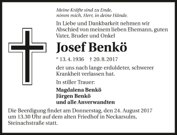 Traueranzeige von Josef Benkö 