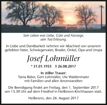 Traueranzeige von Josef Lohmüller 