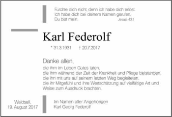 Traueranzeige von Karl Federolf 