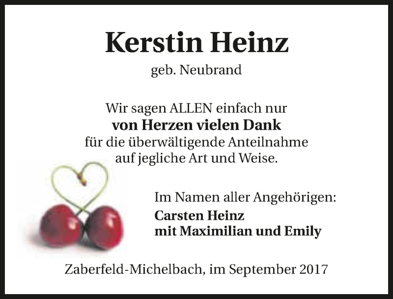  Traueranzeige für Kerstin Heinz vom 01.09.2017 aus 