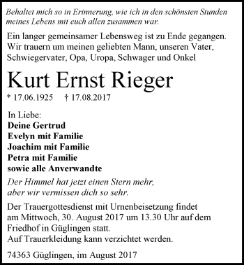 Traueranzeige von Kurt Ernst Rieger 