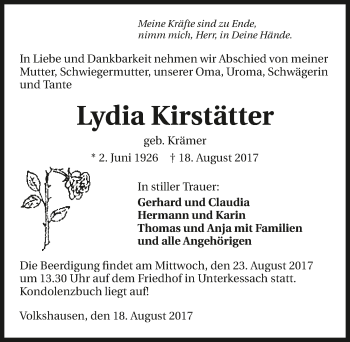 Traueranzeige von Lydia Kirstätter 