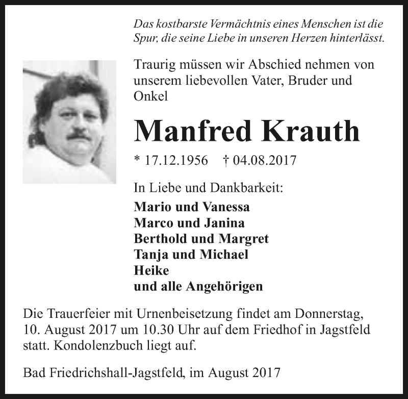  Traueranzeige für Manfred Krauth vom 08.08.2017 aus 