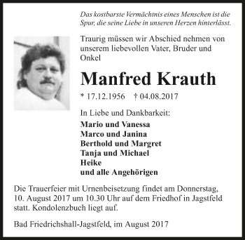 Traueranzeige von Manfred Krauth 