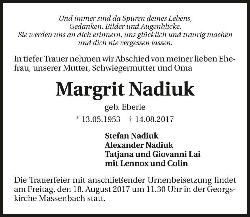  Traueranzeige für Margrit Nadiuk vom 16.08.2017 aus 