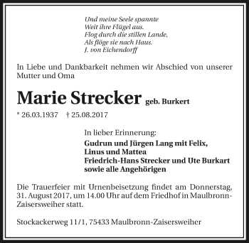 Traueranzeige von Marie Strecker 